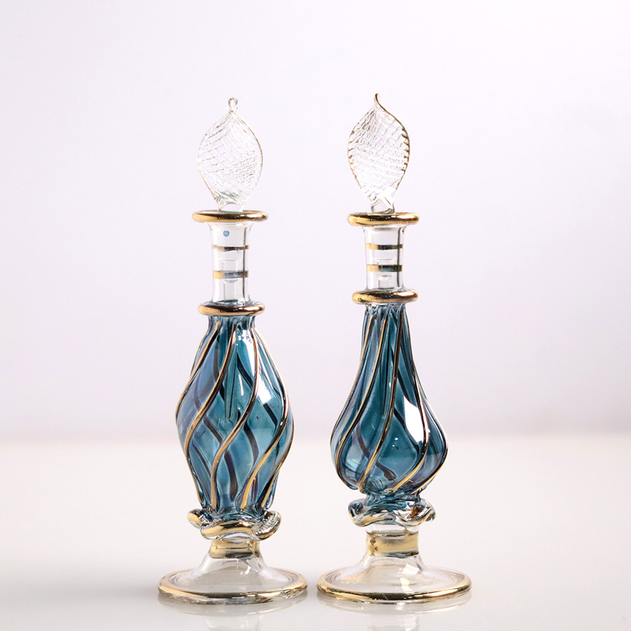 エジプト ガラス香水瓶　11cm ２本セット　ゴールドライン ファラオ Egyptian Glass Bottle