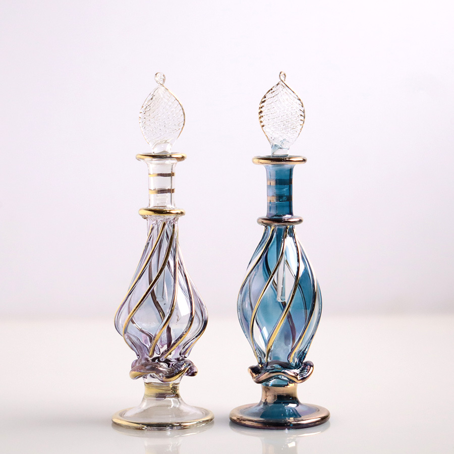 エジプト ガラス香水瓶　11cm ２本セット　ゴールドライン ファラオ Egyptian Glass Bottle