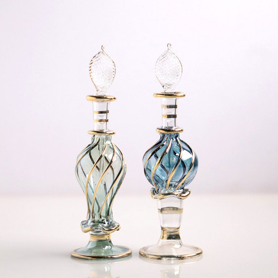 エジプト ガラス香水瓶　11cm ２本セット　ゴールドライン ファラオ Egyptian Glass Bottle