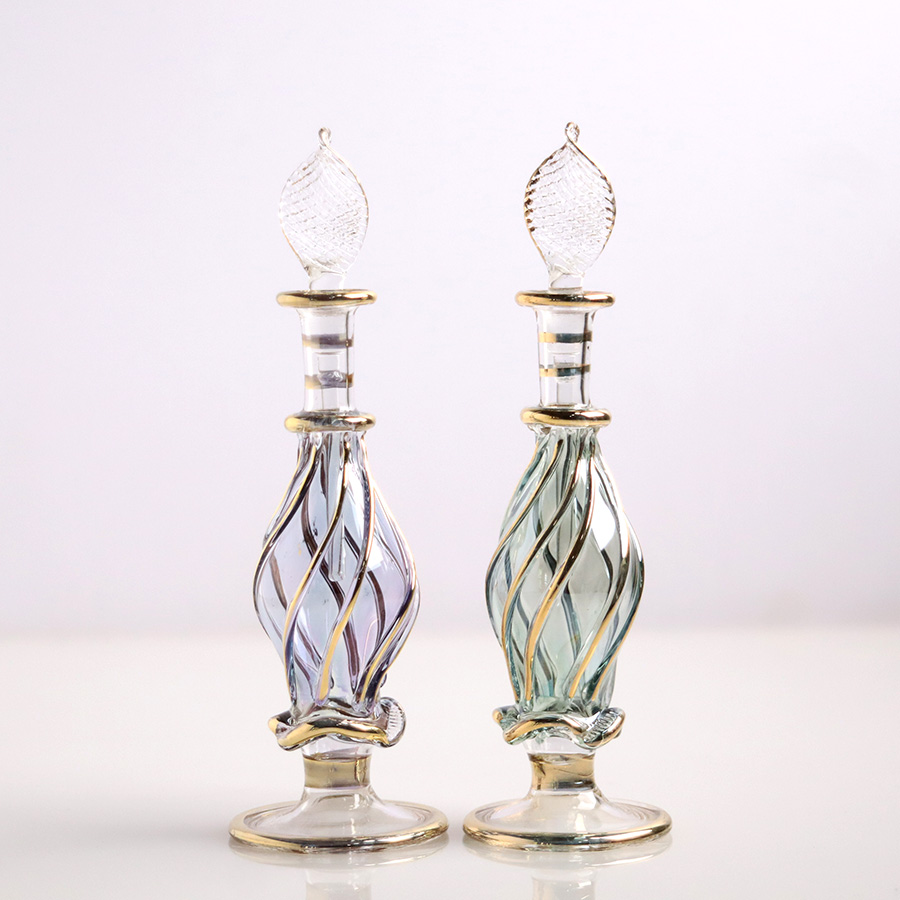 エジプト ガラス香水瓶　11cm ２本セット　ゴールドライン ファラオ Egyptian Glass Bottle