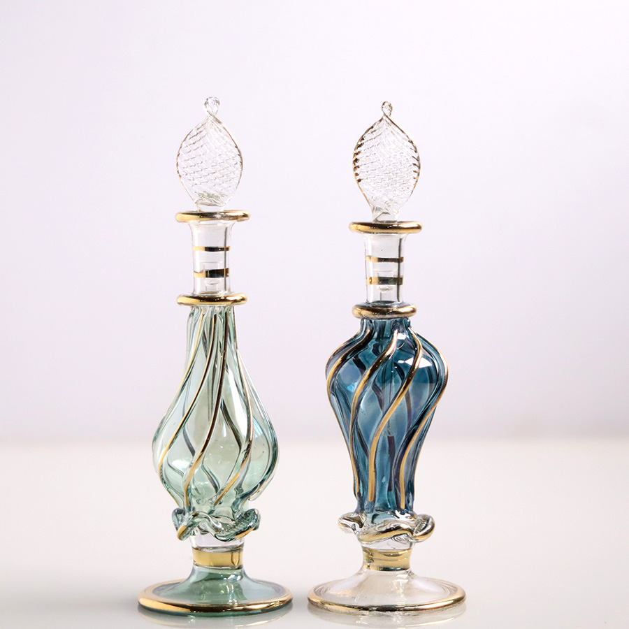 エジプト ガラス香水瓶　11cm ２本セット　ゴールドライン ファラオ Egyptian Glass Bottle