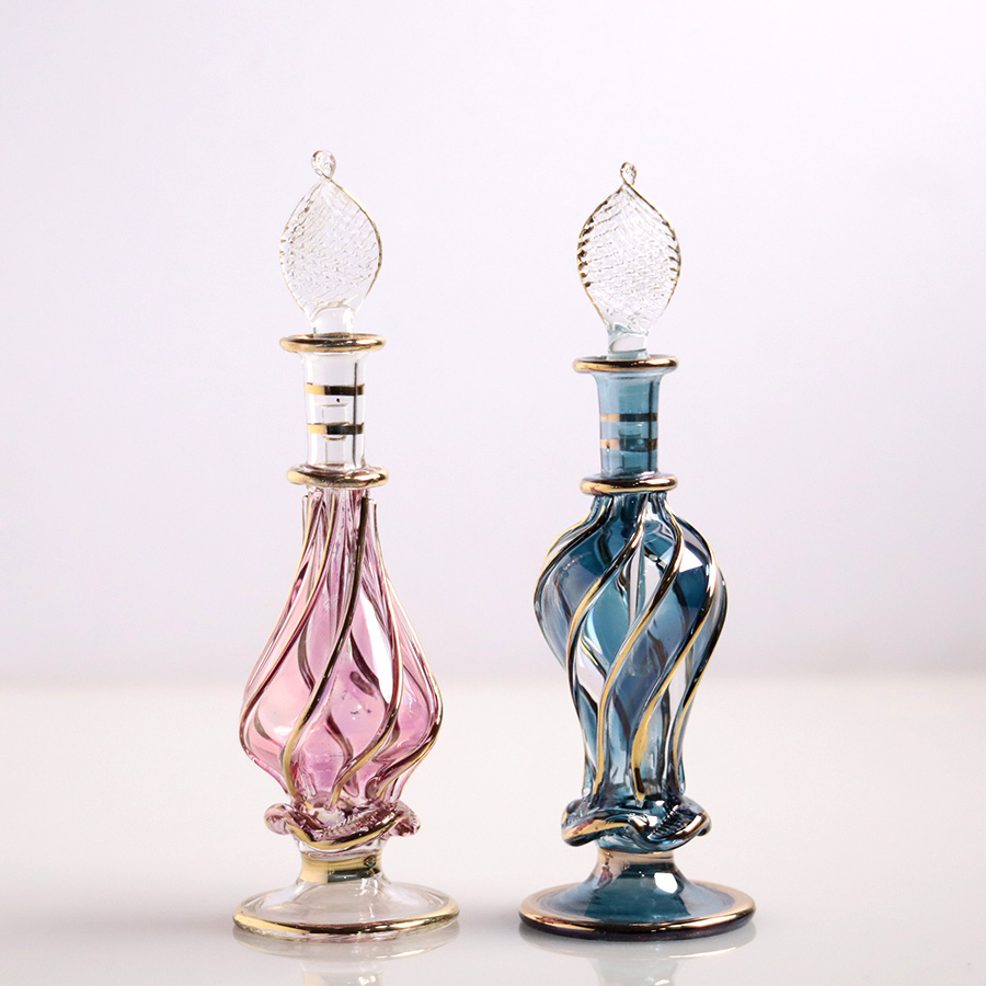 エジプト ガラス香水瓶　11cm ２本セット　ゴールドライン ファラオ Egyptian Glass Bottle