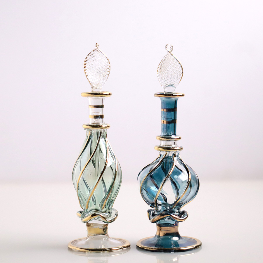 エジプト ガラス香水瓶　11cm ２本セット　ゴールドライン ファラオ Egyptian Glass Bottle