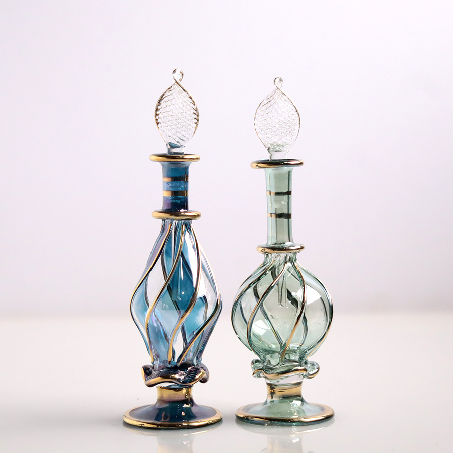 エジプト ガラス香水瓶　11cm ２本セット　ゴールドライン ファラオ Egyptian Glass Bottle