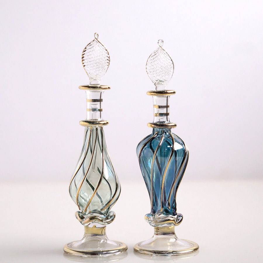 エジプト ガラス香水瓶　11cm ２本セット　ゴールドライン ファラオ Egyptian Glass Bottle