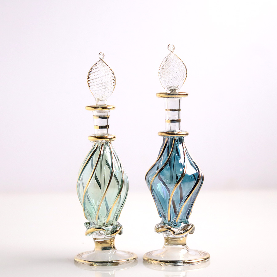 エジプト ガラス香水瓶　11cm ２本セット　ゴールドライン ファラオ Egyptian Glass Bottle