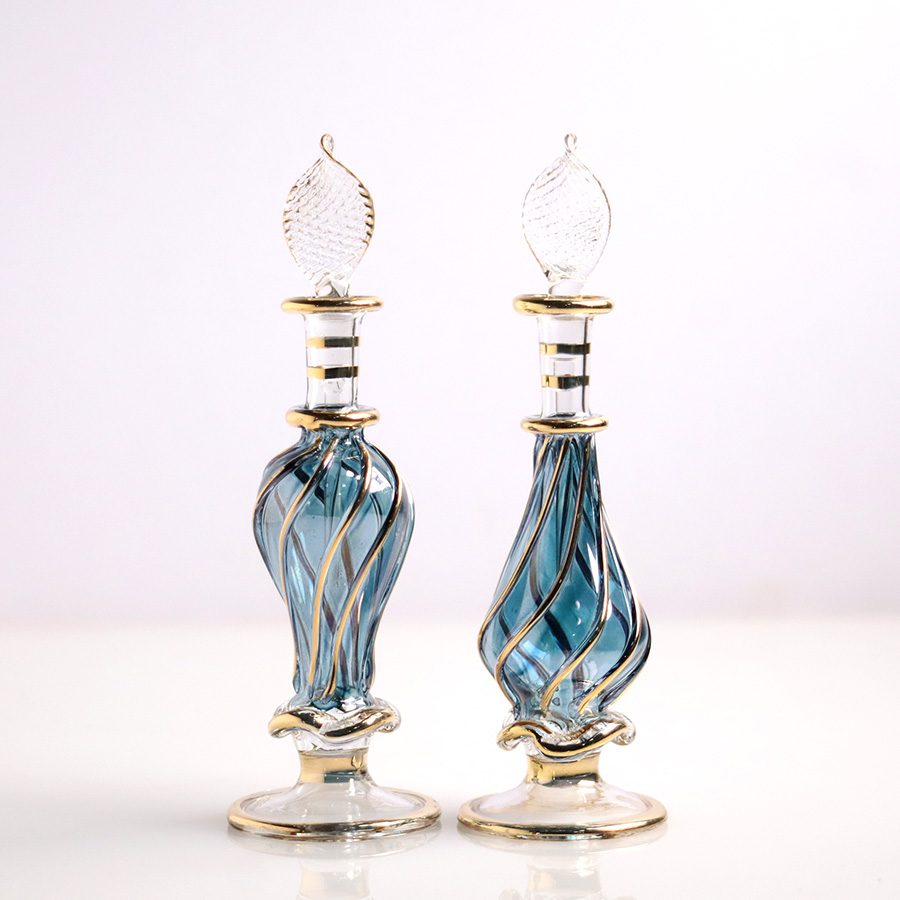 エジプト ガラス香水瓶　11cm ２本セット　ゴールドライン ファラオ Egyptian Glass Bottle