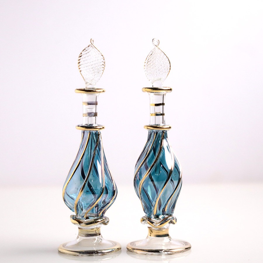 エジプト ガラス香水瓶　11cm ２本セット　ゴールドライン ファラオ Egyptian Glass Bottle