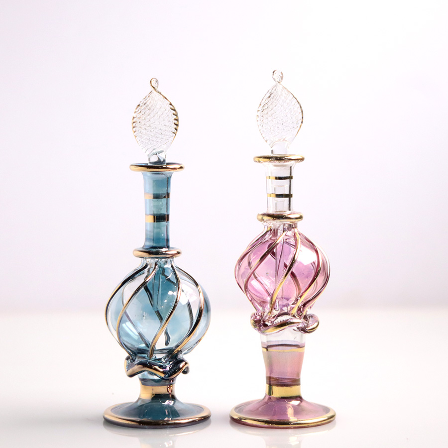 エジプト ガラス香水瓶　11cm ２本セット　ゴールドライン ファラオ Egyptian Glass Bottle