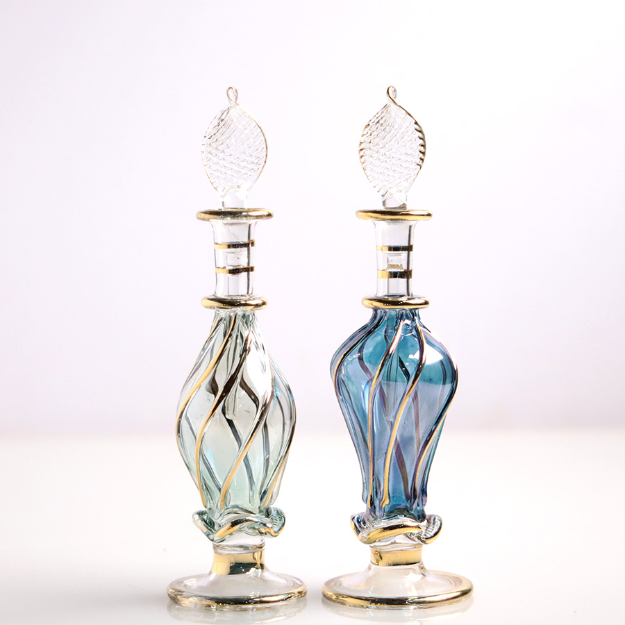 エジプト ガラス香水瓶　11cm ２本セット　ゴールドライン ファラオ Egyptian Glass Bottle