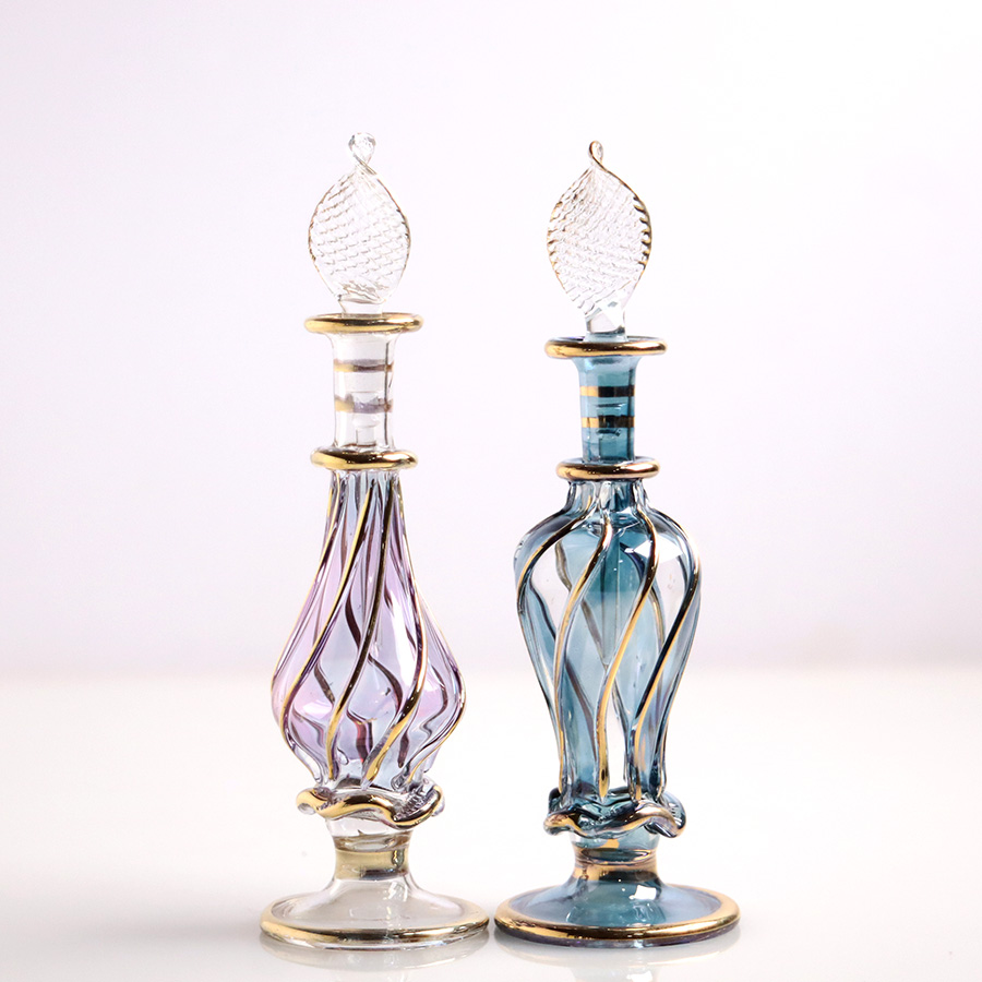 エジプト ガラス香水瓶　11cm ２本セット　ゴールドライン ファラオ Egyptian Glass Bottle