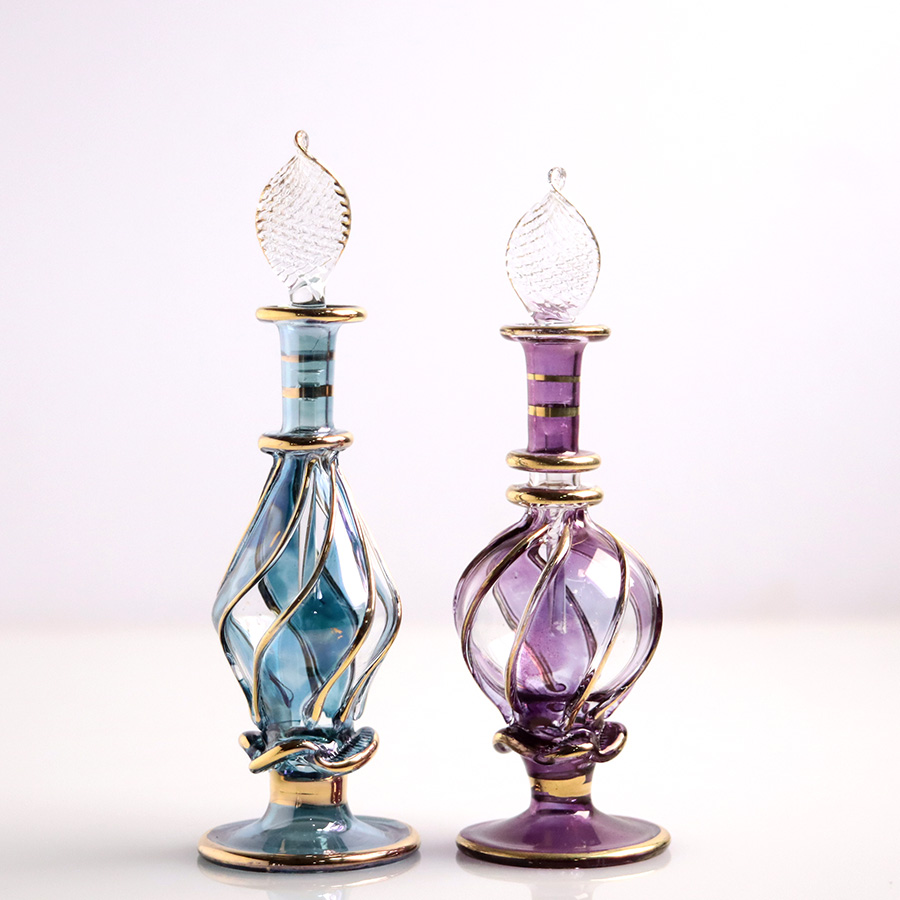 エジプト ガラス香水瓶　11cm ２本セット　ゴールドライン ファラオ Egyptian Glass Bottle