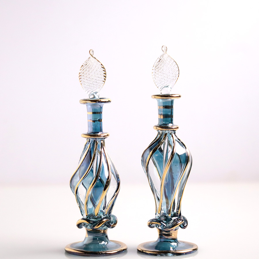 エジプト ガラス香水瓶　11cm ２本セット　ゴールドライン ファラオ Egyptian Glass Bottle