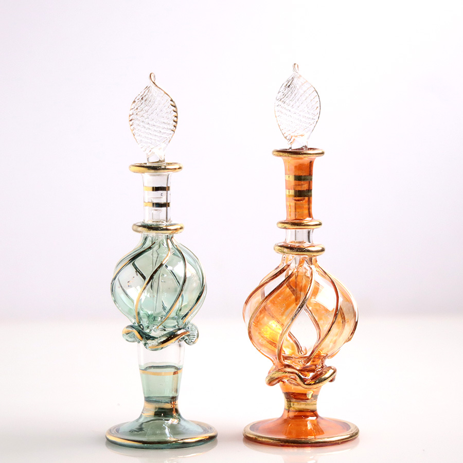 エジプト ガラス香水瓶　11cm ２本セット　ゴールドライン ファラオ Egyptian Glass Bottle