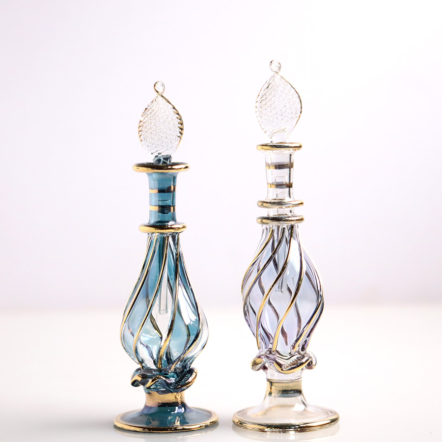 エジプト ガラス香水瓶　11cm ２本セット　ゴールドライン ファラオ Egyptian Glass Bottle