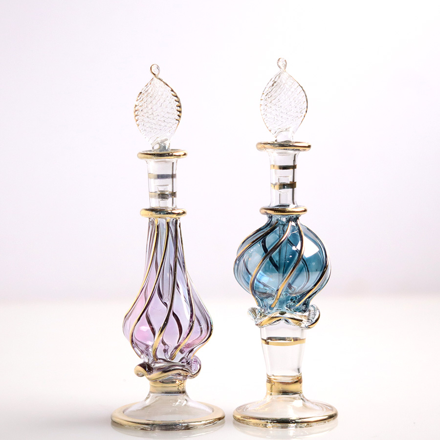 エジプト ガラス香水瓶　11cm ２本セット　ゴールドライン ファラオ Egyptian Glass Bottle