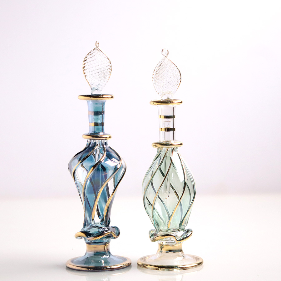 エジプト ガラス香水瓶　11cm ２本セット　ゴールドライン ファラオ Egyptian Glass Bottle