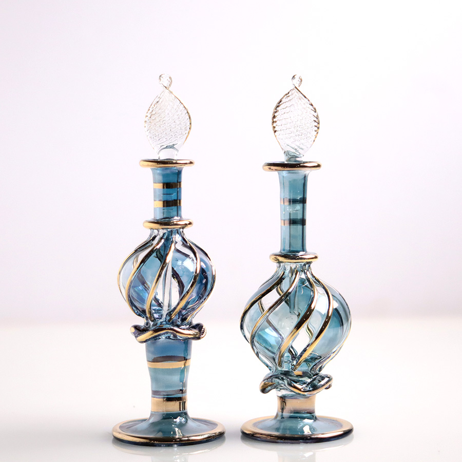 エジプト ガラス香水瓶　11cm ２本セット　ゴールドライン ファラオ Egyptian Glass Bottle