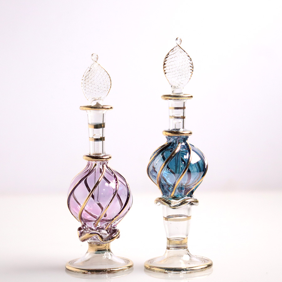 エジプト ガラス香水瓶　11cm ２本セット　ゴールドライン ファラオ Egyptian Glass Bottle