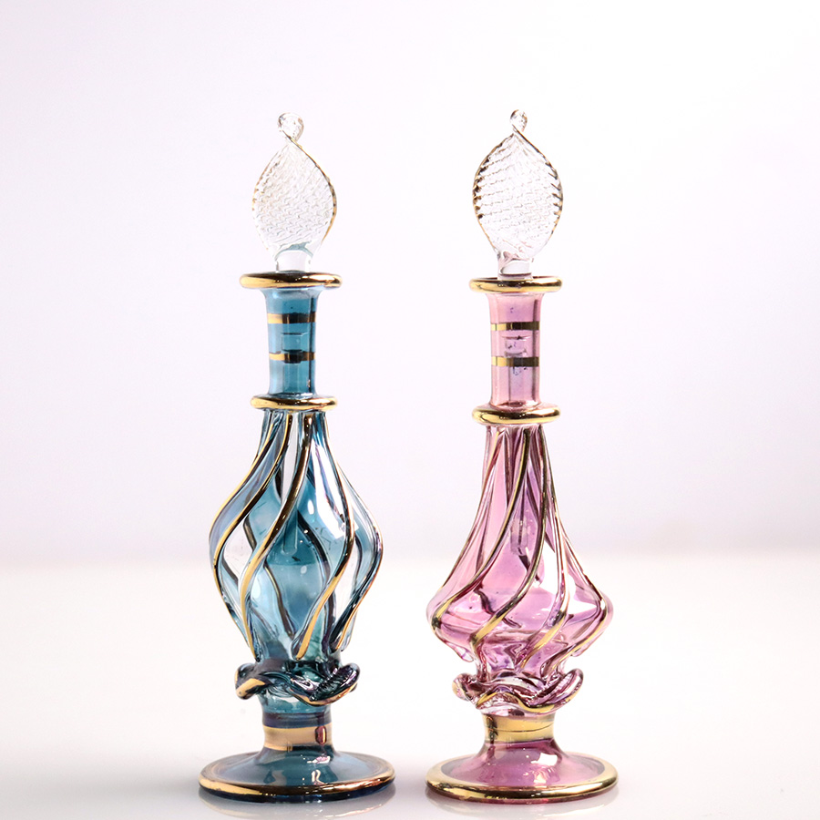 エジプト ガラス香水瓶　11cm ２本セット　ゴールドライン ファラオ Egyptian Glass Bottle