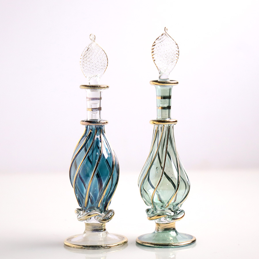 エジプト ガラス香水瓶　11cm ２本セット　ゴールドライン ファラオ Egyptian Glass Bottle