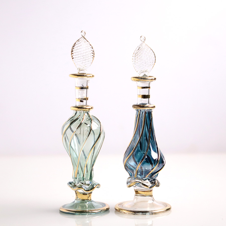 エジプト ガラス香水瓶　11cm ２本セット　ゴールドライン ファラオ Egyptian Glass Bottle