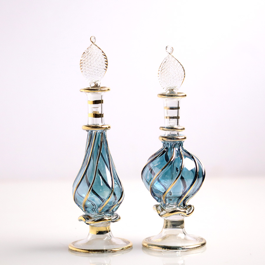 エジプト ガラス香水瓶　11cm ２本セット　ゴールドライン ファラオ Egyptian Glass Bottle