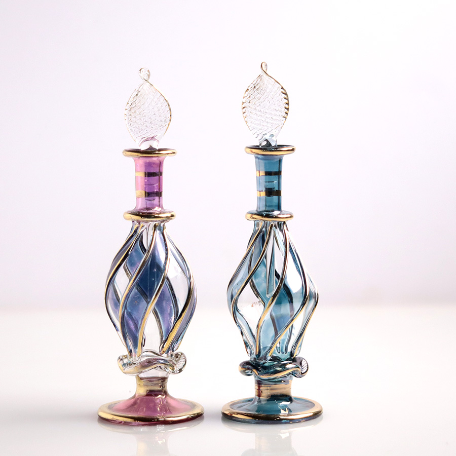 エジプト ガラス香水瓶　11cm ２本セット　ゴールドライン ファラオ Egyptian Glass Bottle