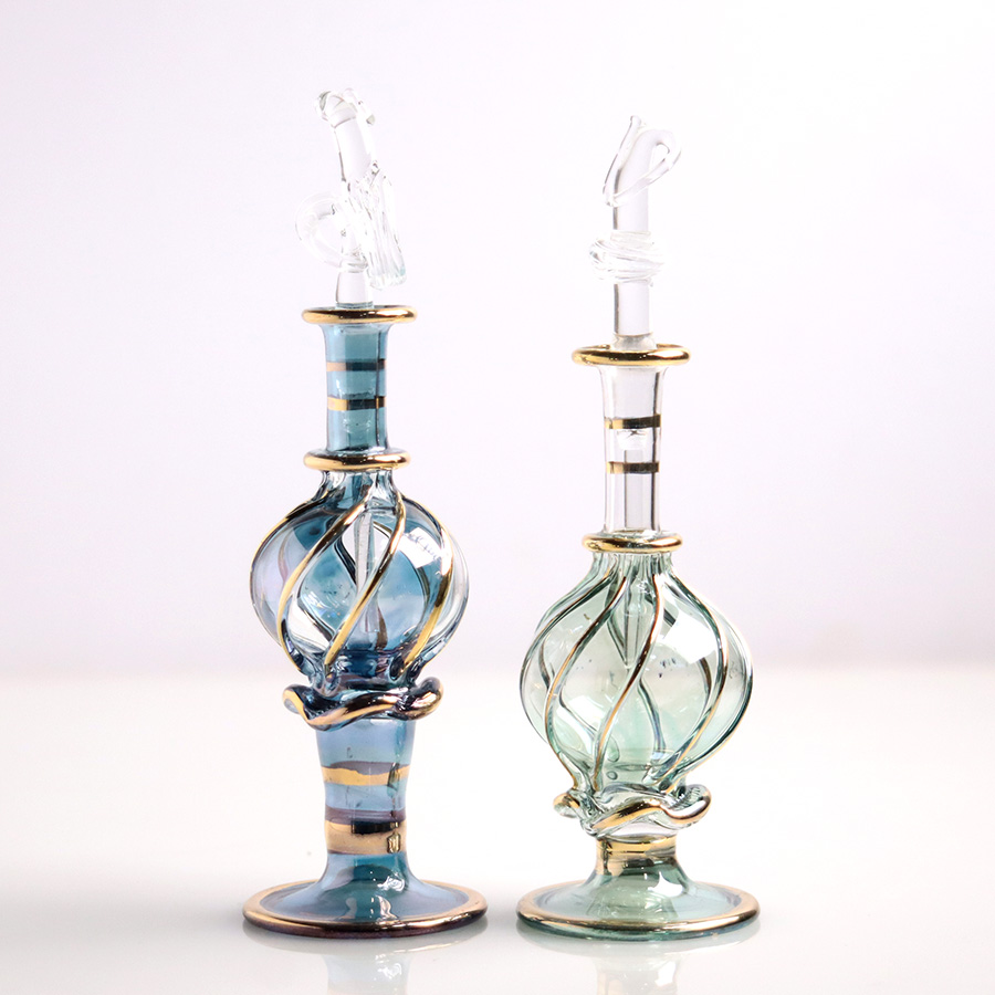 エジプト ガラス香水瓶　11cm ２本セット　ゴールドライン ファラオ ユニークなボトルキャップ