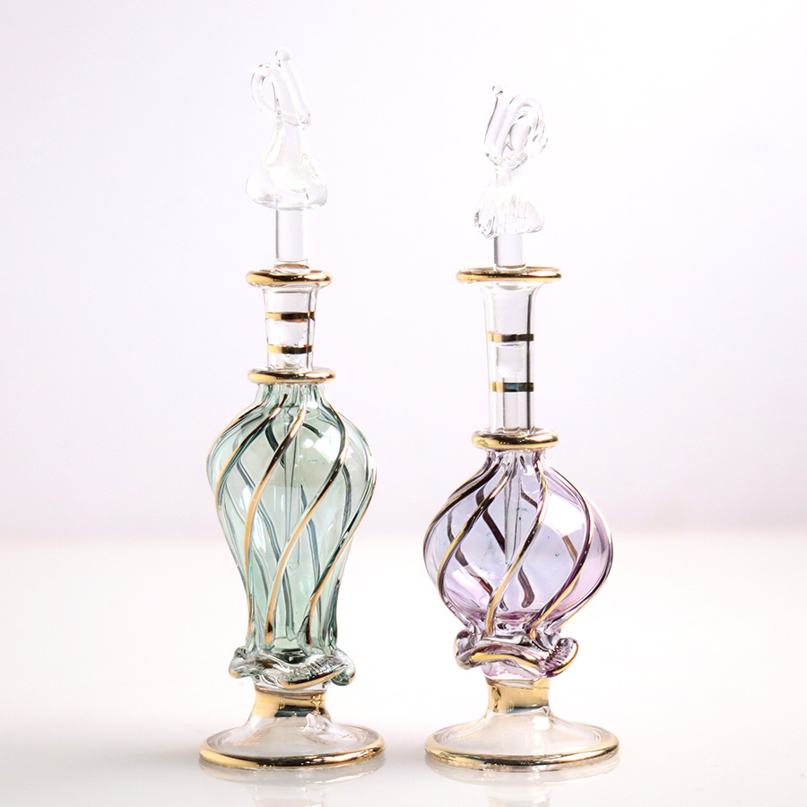 エジプト ガラス香水瓶　11cm ２本セット　ゴールドライン ファラオ ユニークなボトルキャップ