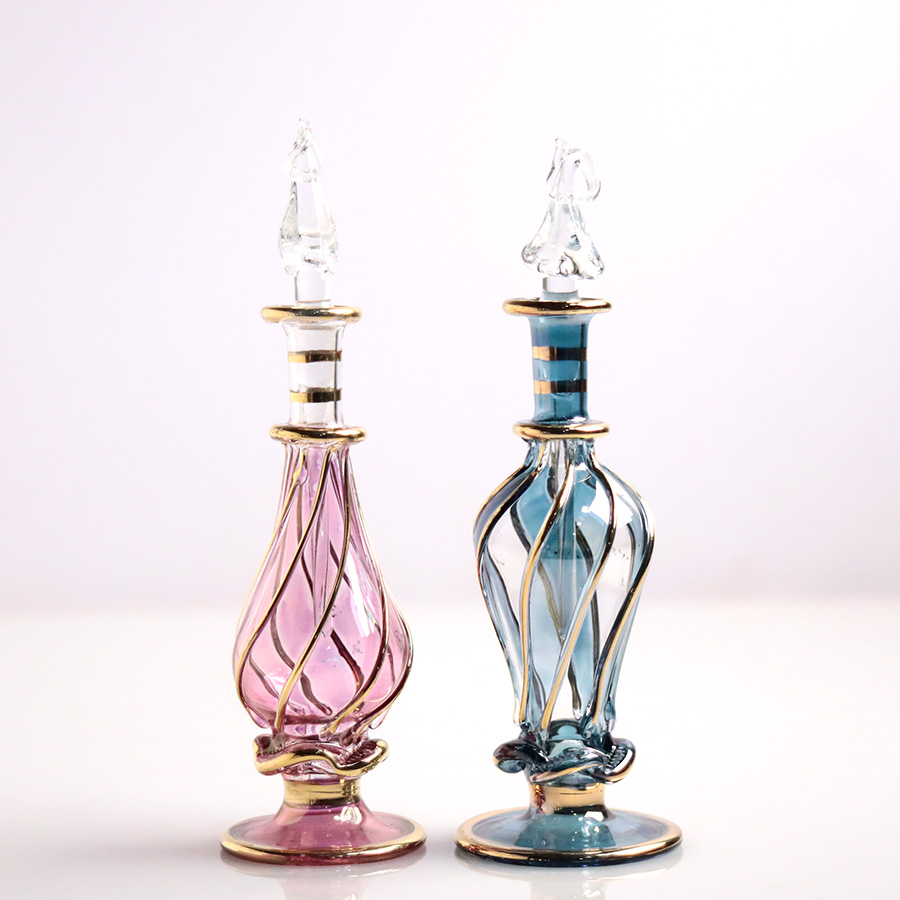 エジプト ガラス香水瓶　11cm ２本セット　ゴールドライン ファラオ ユニークなボトルキャップ