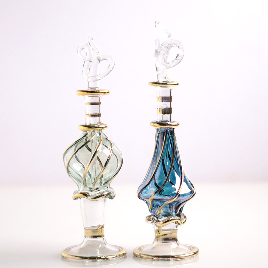 エジプト ガラス香水瓶　11cm ２本セット　ゴールドライン ファラオ ユニークなボトルキャップ