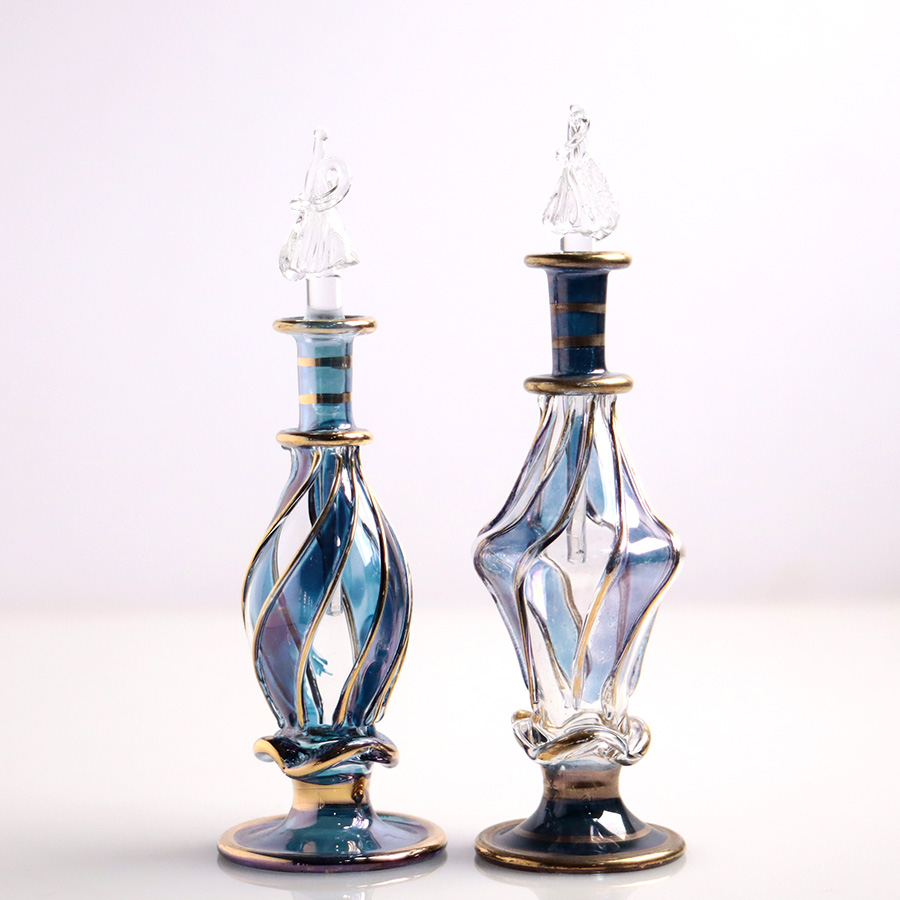 エジプト ガラス香水瓶　11cm ２本セット　ゴールドライン ファラオ ユニークなボトルキャップ