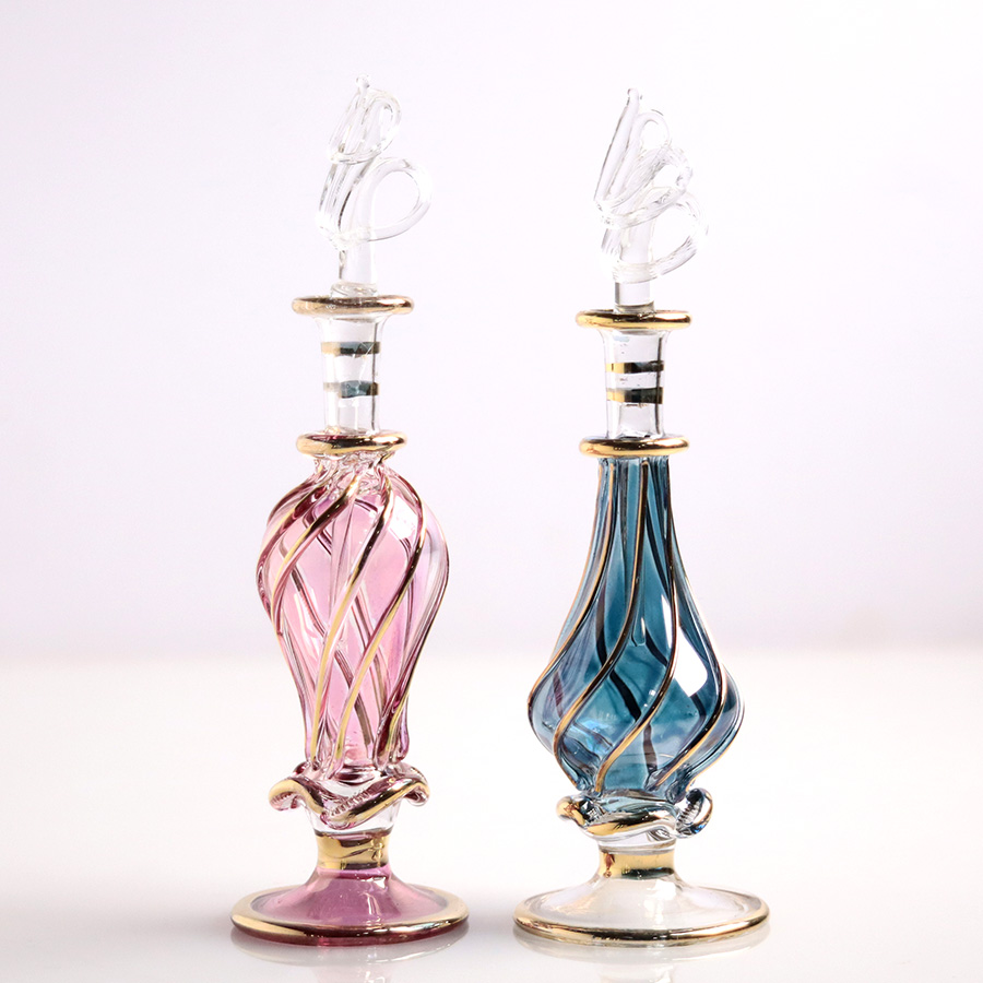 エジプト ガラス香水瓶　11cm ２本セット　ゴールドライン ファラオ ユニークなボトルキャップ