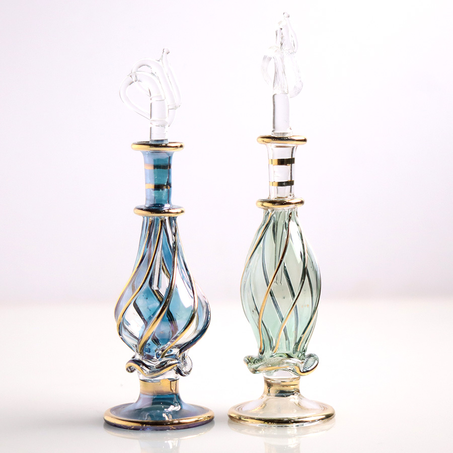 エジプト ガラス香水瓶　11cm ２本セット　ゴールドライン ファラオ ユニークなボトルキャップ