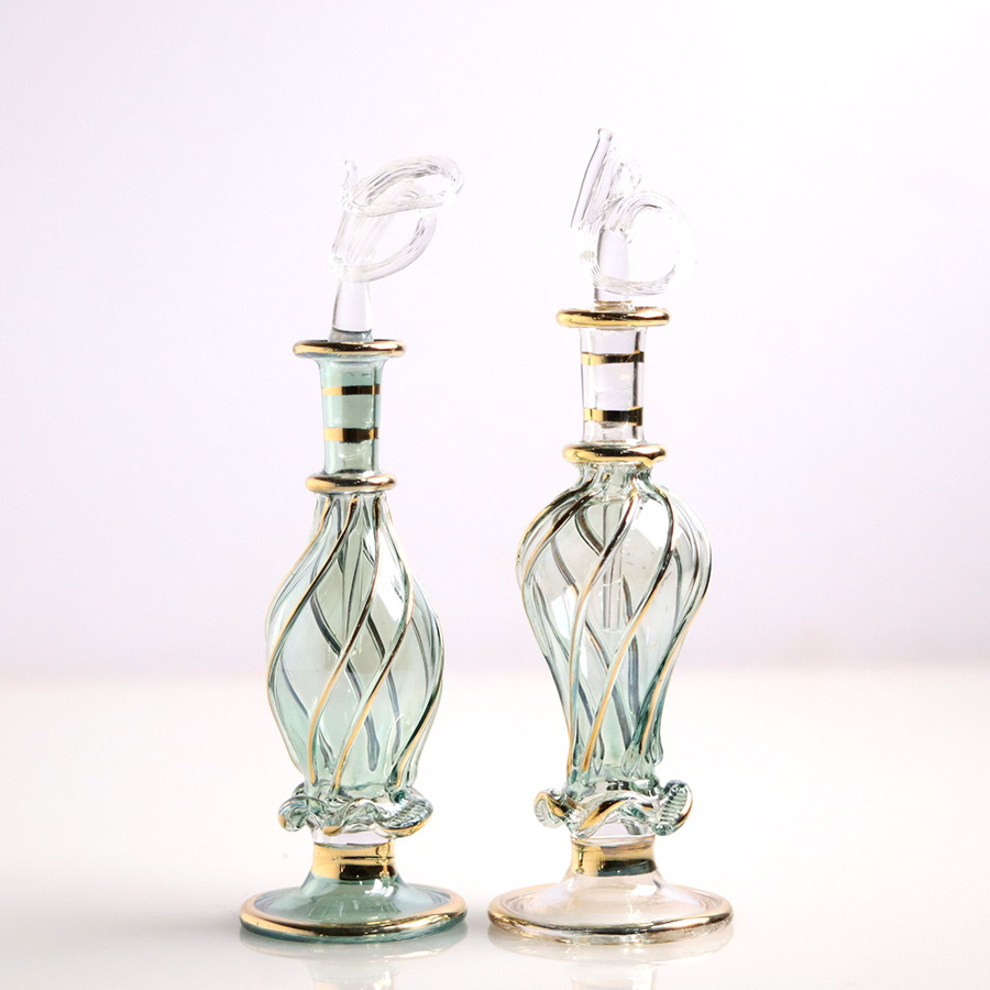 エジプト ガラス香水瓶　11cm ２本セット　ゴールドライン ファラオ ユニークなボトルキャップ