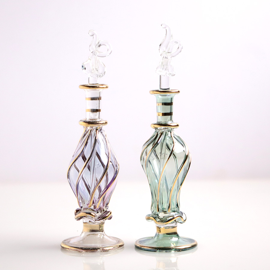 エジプト ガラス香水瓶　11cm ２本セット　ゴールドライン ファラオ ユニークなボトルキャップ