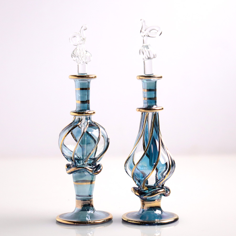 エジプト ガラス香水瓶　11cm ２本セット　ゴールドライン ファラオ ユニークなボトルキャップ