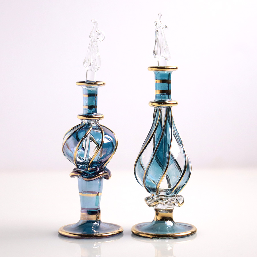 エジプト ガラス香水瓶　11cm ２本セット　ゴールドライン ファラオ ユニークなボトルキャップ