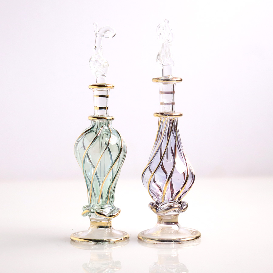 エジプト ガラス香水瓶　11cm ２本セット　ゴールドライン ファラオ ユニークなボトルキャップ