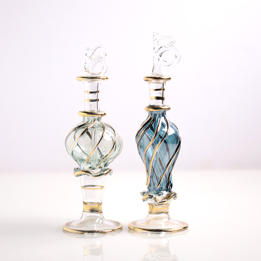 エジプト ガラス香水瓶　11cm ２本セット　ゴールドライン ファラオ ユニークなボトルキャップ