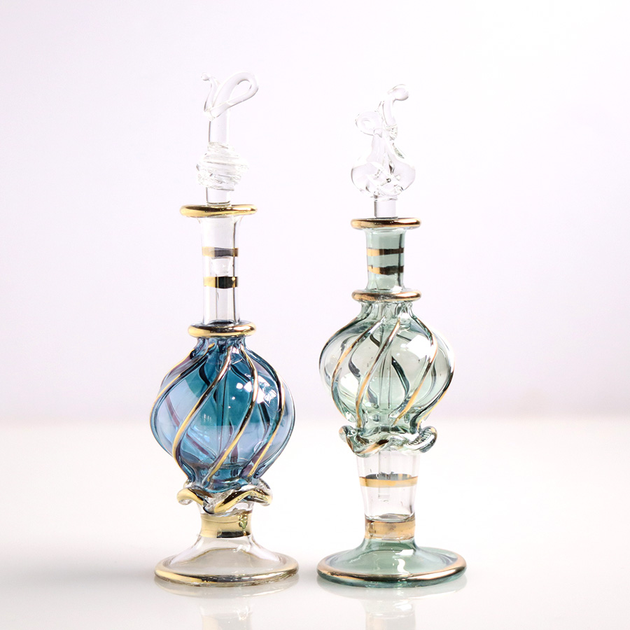 エジプト ガラス香水瓶　11cm ２本セット　ゴールドライン ファラオ ユニークなボトルキャップ