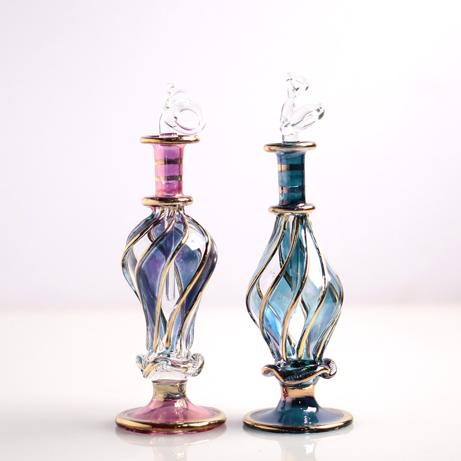 エジプト ガラス香水瓶　11cm ２本セット　ゴールドライン ファラオ ユニークなボトルキャップ