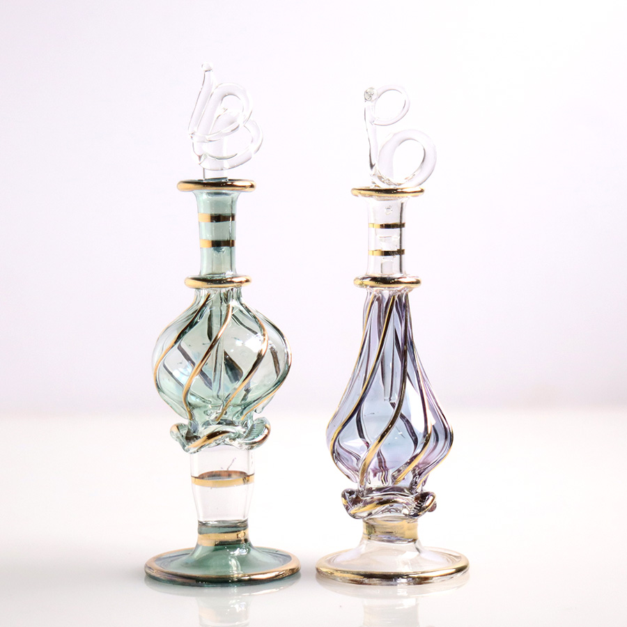 エジプト ガラス香水瓶　11cm ２本セット　ゴールドライン ファラオ ユニークなボトルキャップ