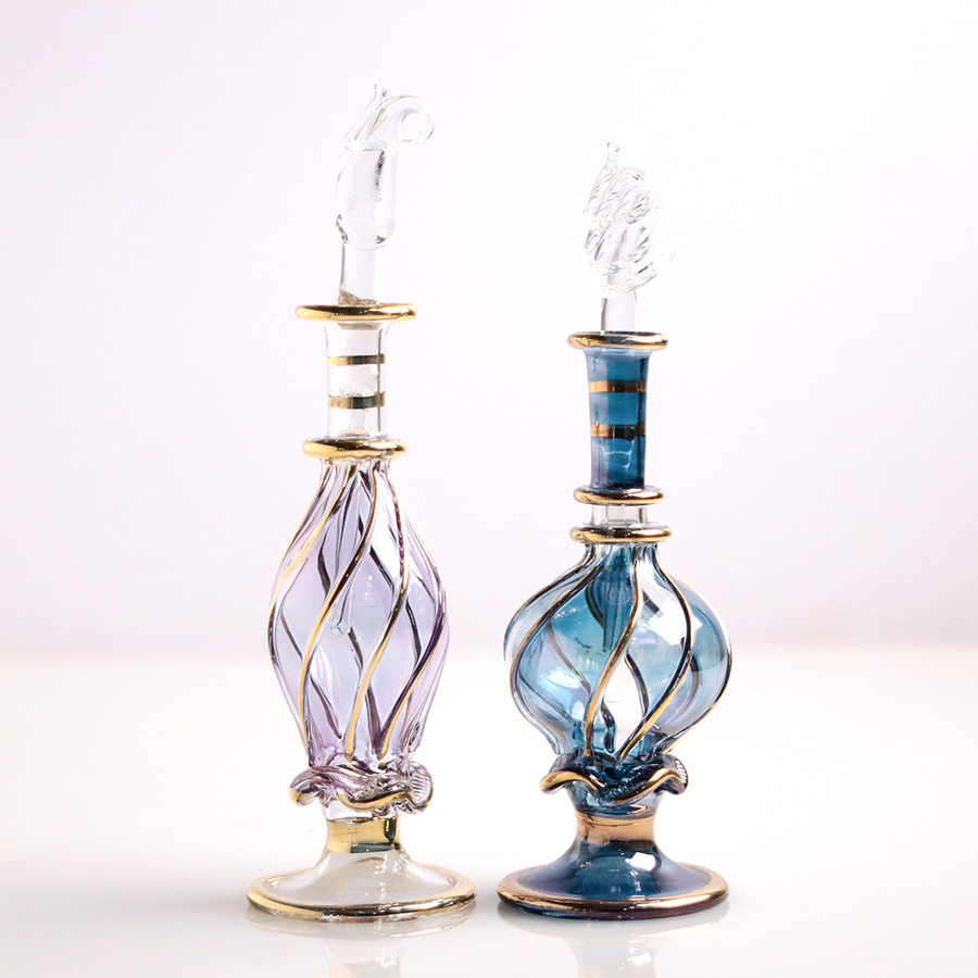 エジプト ガラス香水瓶　11cm ２本セット　ゴールドライン ファラオ ユニークなボトルキャップ