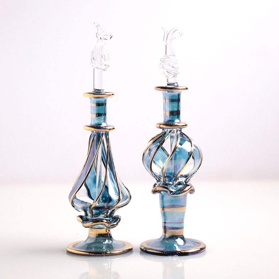 エジプト ガラス香水瓶　11cm ２本セット　ゴールドライン ファラオ ユニークなボトルキャップ