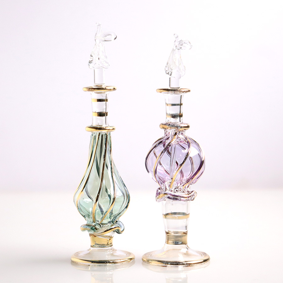 エジプト ガラス香水瓶　11cm ２本セット　ゴールドライン ファラオ ユニークなボトルキャップ