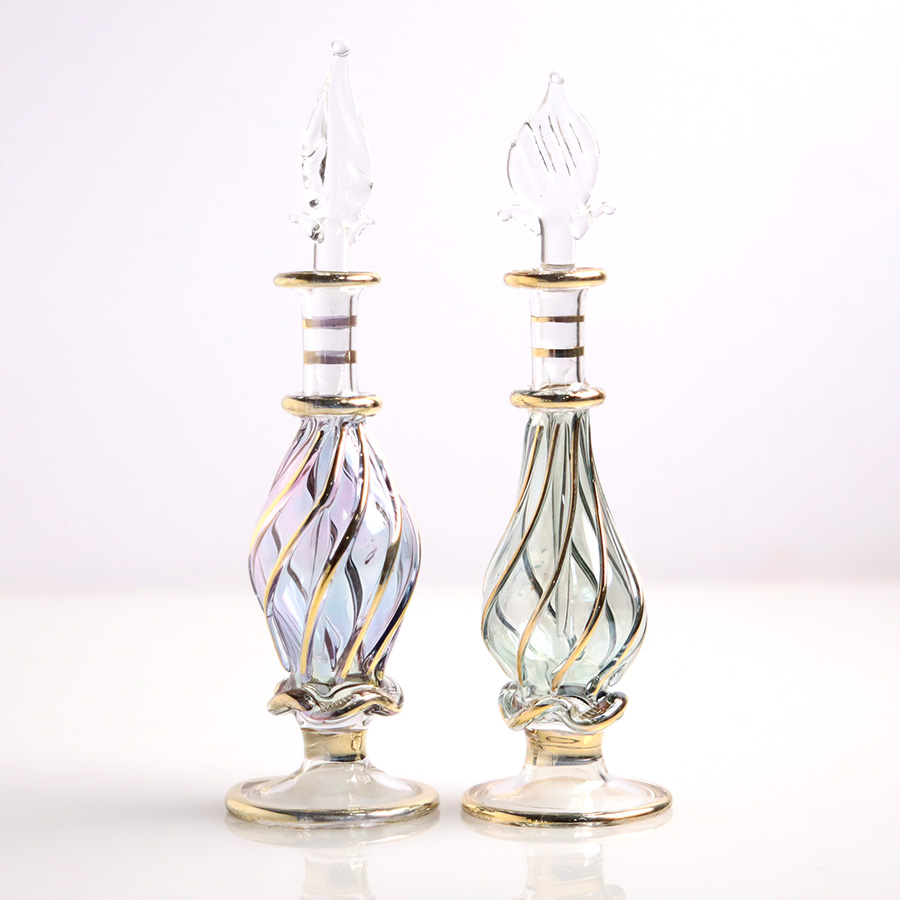 エジプト ガラス香水瓶　11cm ２本セット　ゴールドライン ファラオ ユニークなボトルキャップ