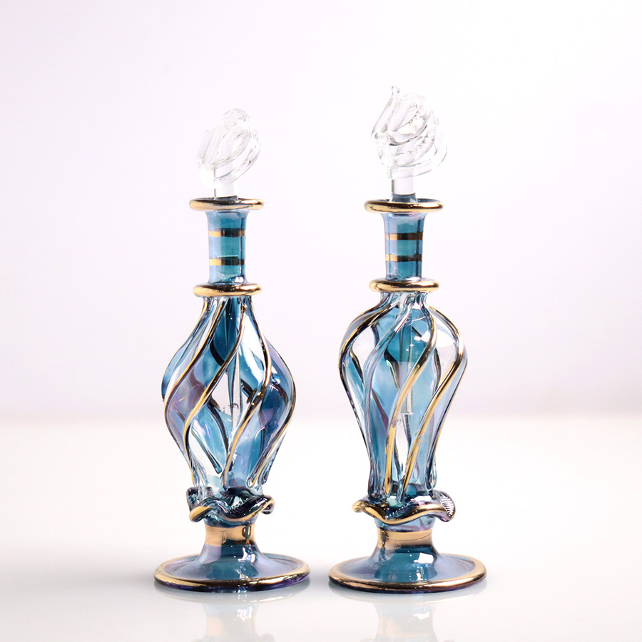 エジプト ガラス香水瓶　11cm ２本セット　ゴールドライン ファラオ ユニークなボトルキャップ