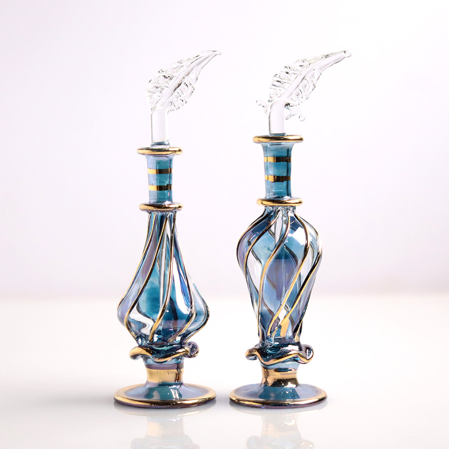 エジプト ガラス香水瓶　11cm ２本セット　ゴールドライン ファラオ ユニークなボトルキャップ